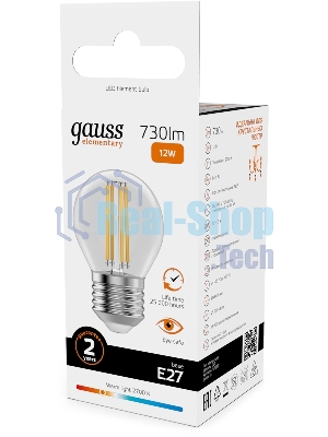 Лампа филам. Gauss Filament 12Вт цок.:E27 шар св.свеч.бел.теп. (упак.:10шт) (52212)