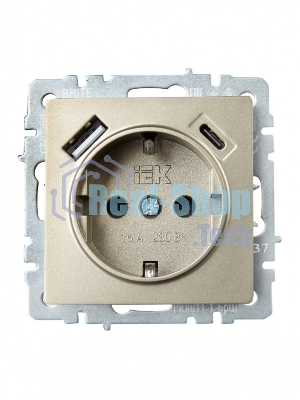 Розетка 1-местная IEK BRITE РЮш11-1-БрШ (BR-R14-16-U22-018-K37) с заземлением, с защитными шторками, 16А, с USB A+C 18 Вт, шампань