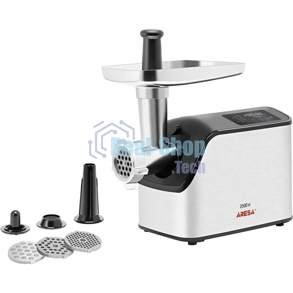 Мясорубка электрическая ARESA AR-2107 серебристый, 2500 Вт, 2.8 кг/мин, реверс, защита от перегрузки, насадки - 5