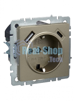 Розетка 1-местная IEK BRITE РЮш11-1-БрШ (BR-R14-16-U22-018-K37) с заземлением, с защитными шторками, 16А, с USB A+C 18 Вт, шампань