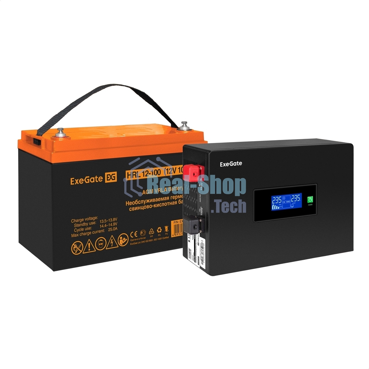 Комплект Источник бесперебойного питания EX295993RUS + батарея 100Aч EX285656RUS 1шт (инвертор, синус, для котла, PF=1, настенный) ExeGate IdealSine SR-1000.LCD.2SH 1000VA/1000W, чистая синусоида, цветной LCD-дисплей, 2*Schuko, крепление настенное, Black + батарея ExeGate HRL 12-100 (12В, 100А·ч) 1шт