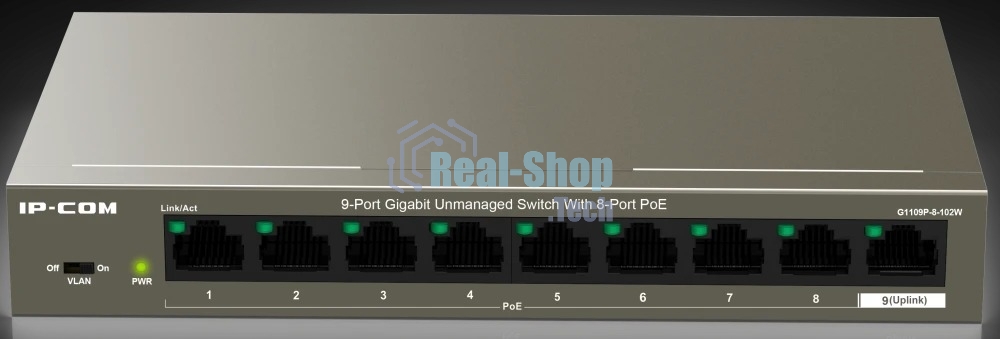 Коммутатор неуправляемый PoE IP-COM G1109P-8-102W 9 портов, 9x1 Гбит/с, PoE 8х92 Вт, настольный