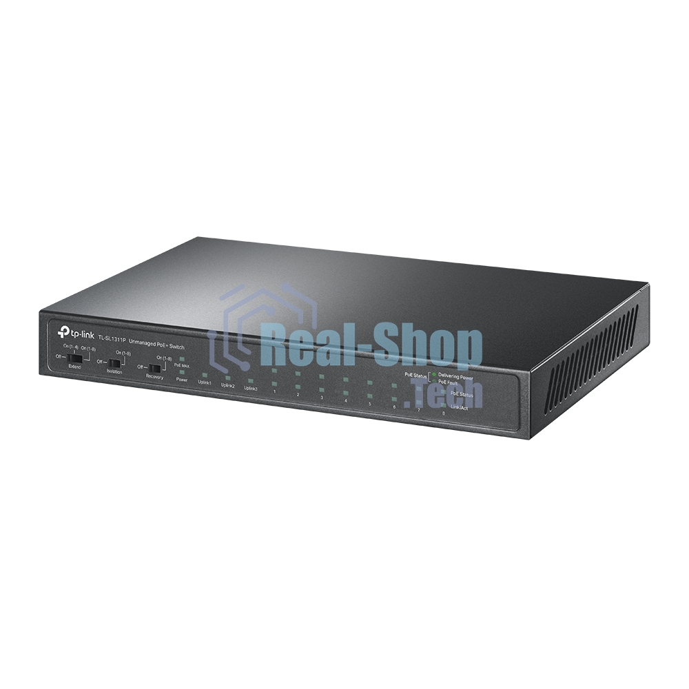 Настольный коммутатор TP-Link TL-SL1311P, 8 портов 10/100 Мбит/с с поддержкой PoE+, 2 гигабитных порта без поддержки PoE, 1 порт SFP, 802.3af/at, бюджет PoE — 65 Вт, стальной корпус