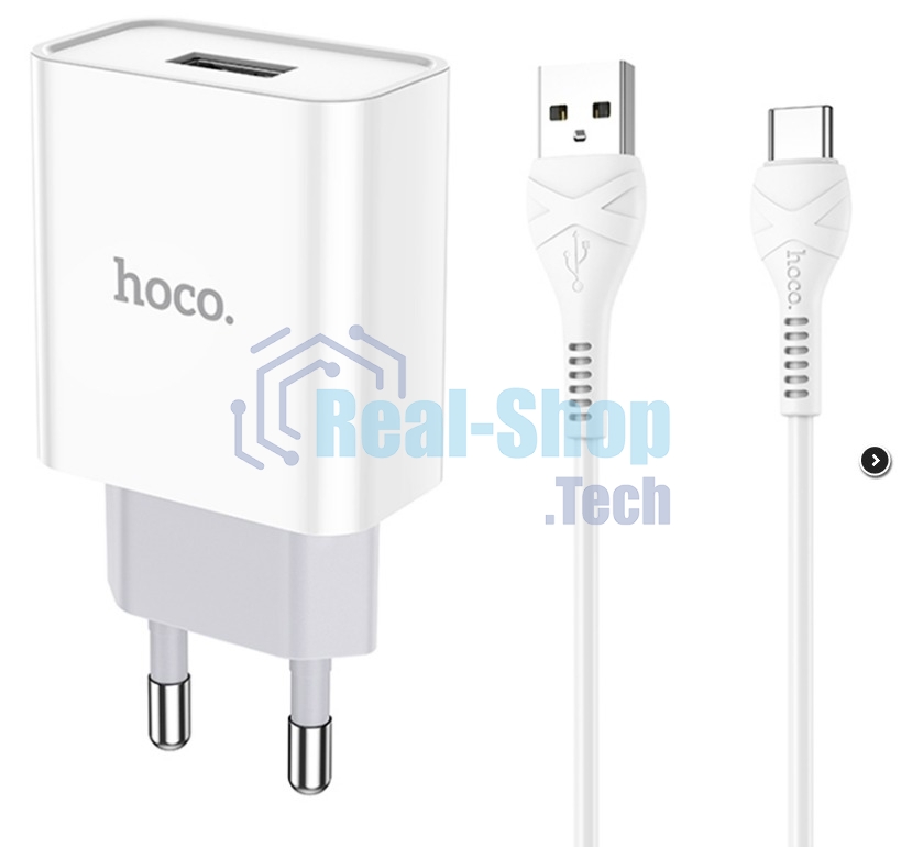 Блок питания (сетевой адаптер) HOCO C81A Asombroso single 1xUSB с кабелем Type-C, 2.1A, 10W, белый