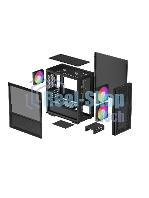 Компьютерный корпус Deepcool CH360 без БП, боковое окно (закаленное стекло), 2x140мм ARGb LED вентилятор спереди и 1x120мм ARGb LED вентилятор сзади, черный, mATX