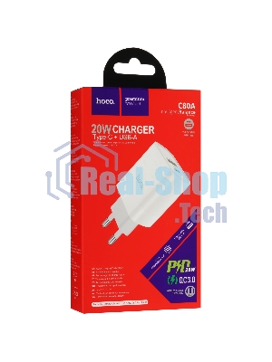 Блок питания (сетевой адаптер) HOCO C80A Rapido PD+QC3.0, 20W два порта (1хUSB-A, 1хType-C), белый