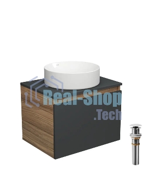Тумба с раковиной и выпуском (тумба Bau Dream 60, графит + раковина санфаянс накладная круглая BAU Dream D41, выпуск клик-клак, белый)