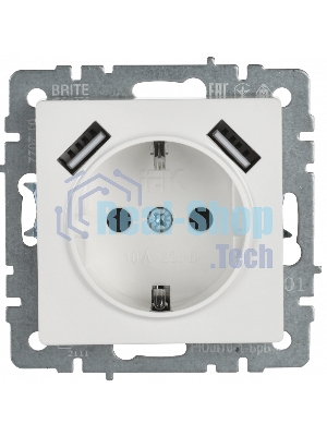 Розетка 1-местная IEK BRITE РЮш10-1-БрБ (BR-R14-16-U21-D21-K01) 16А, с USB A+A 2.1А, с заземлением с защитными шторками, белый