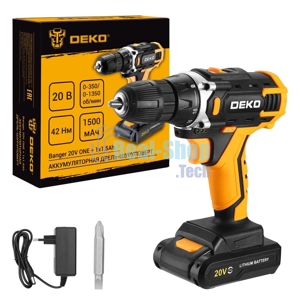 Дрель-шуруповерт Deko Banger 20V ONE+, 20 В, 1,5 Ач, 42 Нм, щеточный