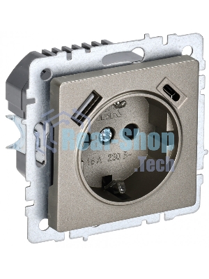 Розетка 1-местная IEK BRITE РЮш11-1-БрШ (BR-R14-16-U22-018-K37) с заземлением, с защитными шторками, 16А, с USB A+C 18 Вт, шампань