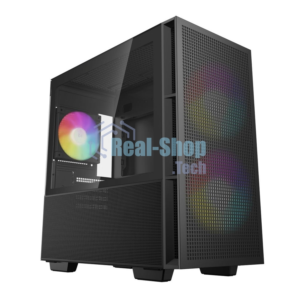 Компьютерный корпус Deepcool CH360 без БП, боковое окно (закаленное стекло), 2x140мм ARGb LED вентилятор спереди и 1x120мм ARGb LED вентилятор сзади, черный, mATX