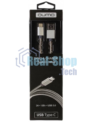 КабельQumo Type-С кабель, 1м, USB 3.0, 5В, 3А, 15Вт, металлическая оплетка, металлический коннектор, серебряный