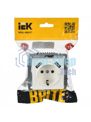 Розетка 1-местная IEK BRITE РЮш10-1-БрБ (BR-R14-16-U21-D21-K01) 16А, с USB A+A 2.1А, с заземлением с защитными шторками, белый