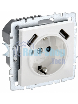 Розетка 1-местная IEK BRITE РЮш10-1-БрБ (BR-R14-16-U21-D21-K01) 16А, с USB A+A 2.1А, с заземлением с защитными шторками, белый