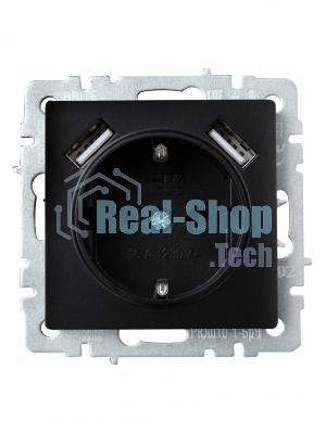 Розетка 1-местная IEK BRITE РЮш10-1-БрЧ (BR-R14-16-U21-D21-K02) 16А, с USB A+A 2.1А, с заземлением с защитными шторками, черный