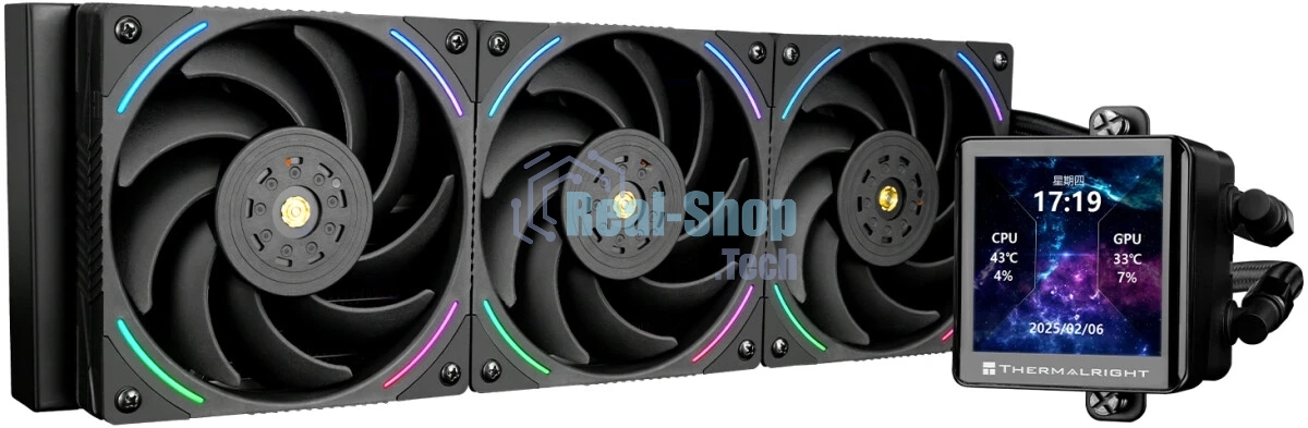 Система жидкостного охлаждения Thermalright Frozen Vision 360 V2 (360мм, LED, Black, ARGB/Fans: 3x120мм, 69CFM, 27dBA, 2150RPM/Pump height 60мм, 23dBA, 3000RPM, Rad thickness 27мм/S: 1700, 1200, 1851, 115X, 2011, 2066, AM5, AM4)