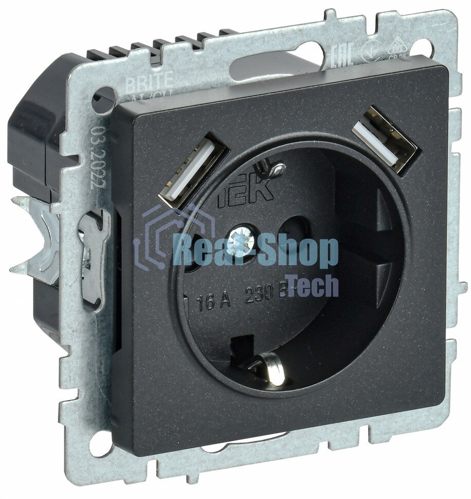 Розетка 1-местная IEK BRITE РЮш10-1-БрЧ (BR-R14-16-U21-D21-K02) 16А, с USB A+A 2.1А, с заземлением с защитными шторками, черный