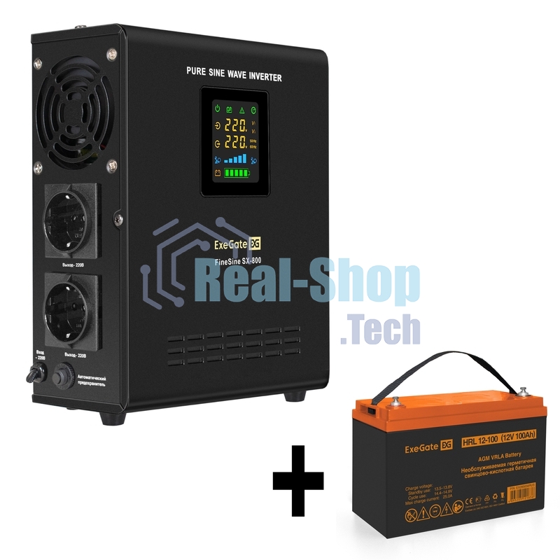 Комплект Источник бесперебойного питания EX295996RUS + батарея 100Aч EX285656RUS 1шт (инвертор, синус, для котла, настенный) ExeGate FineSine SX-800.LCD.AVR.2SH 800VA/500W, чистая синусоида, цветной LCD-дисплей, AVR, 2*Schuko, линейно-интерактивный, крепление настенное/универсальное, Black + батарея ExeGate HRL 12-100 (12В, 100Ач) 1шт