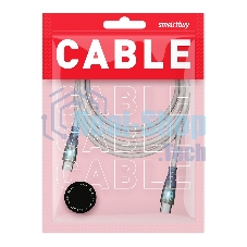 Кабель Smartbuy для зарядки и передачи данных, прозрачные наконечники TYPE C - TYPE C, 3А, нейл., серый, 1 м, IK-3112FCTRANSP-GRAY