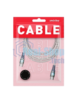 Кабель Smartbuy для зарядки и передачи данных, прозрачные наконечники TYPE C - TYPE C, 3А, нейл., серый, 1 м, IK-3112FCTRANSP-GRAY
