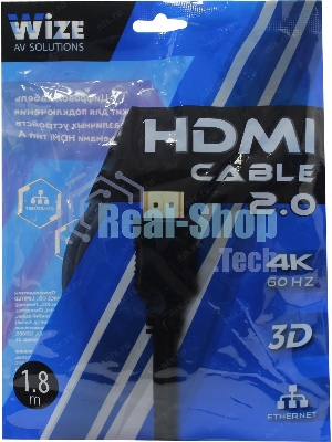 Кабель HDMI C-HM-HM-1.8M Wize, 1.8 м, v.2.0, 19M/19M, позол.разъемы, экран, черный, пакет