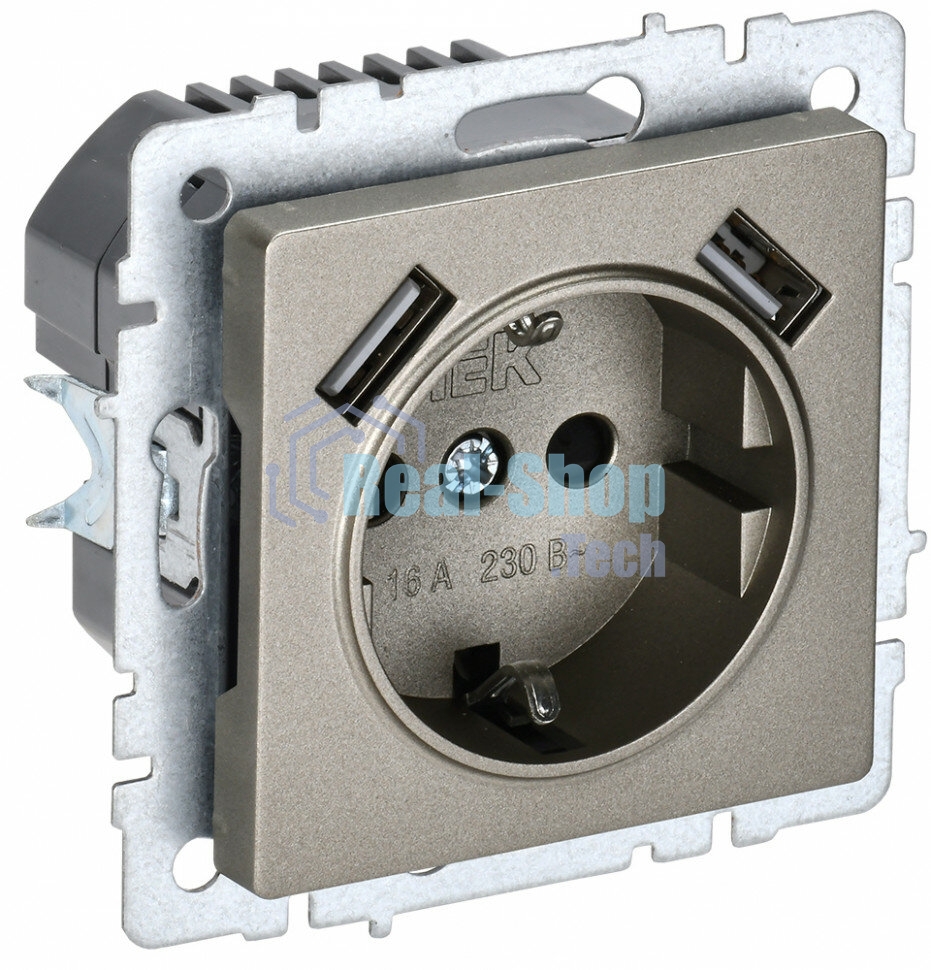 Розетка 1-местная IEK BRITE РЮш10-1-БрШ (BR-R14-16-U21-D21-K37) 16А, с USB A+A 2.1А, с заземлением, с защитными шторками, шампань