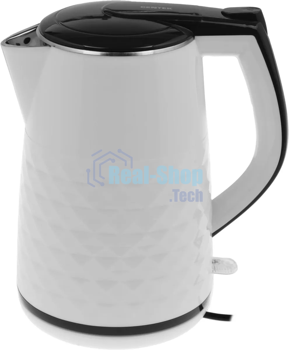 Чайник электрический Centek CT-0025 белый, металл 1.8 л, 2000 Вт, двойные стенки, кнопка вк л, на ручке