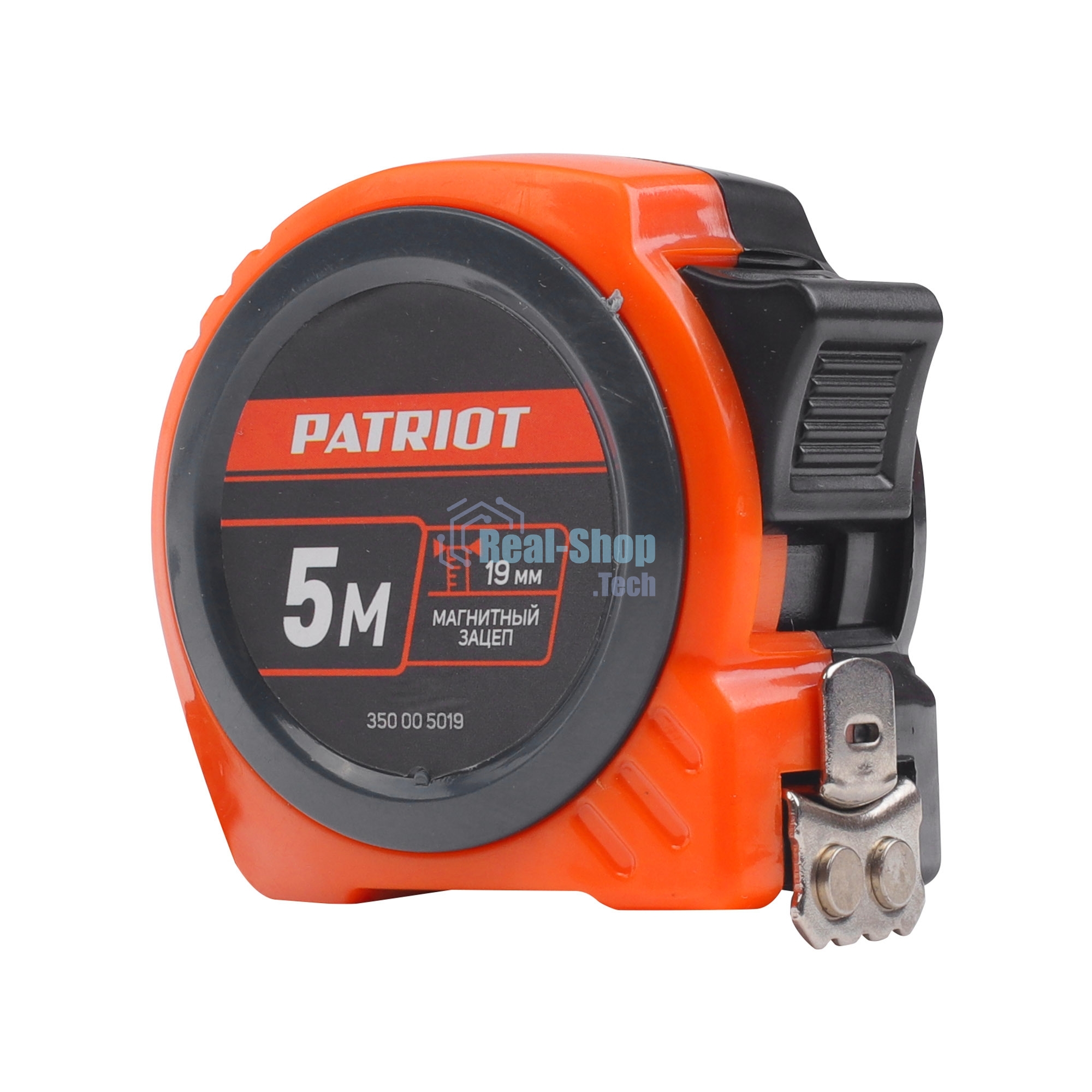 Рулетка PATRIOT MTP-5-19, магнит, 2сторон.зацеп, антиблик.нейлон.покрытие, крупн.шрифт, двусторон.белая лента, 5м*19 мм