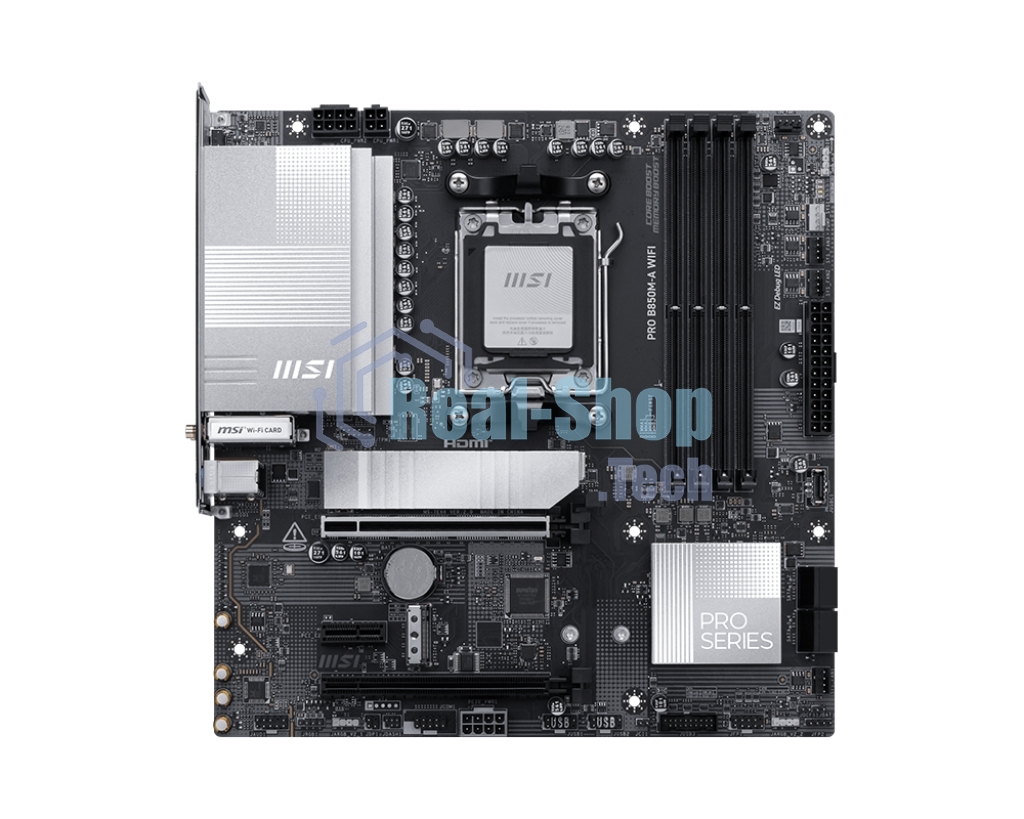 Материнская плата MSI PRO B850M-A WIFI, AM5, AMD B850, 4xDDR5, 4xSATA, 2xM.2, 1xPCIe 5.0 x16, 1xPCIe 4.0 x4, 1xPCIe 3.0 x1, 1xDP, 1xHDMI, 1x5Gb LAN, Wi-Fi 7, Bluetooth 5.4, 2xUSB-C 10Gbps, 3xUSB-A 10Gbps, 3xUSB-A 5Gbps, 4xUSB-A 2.0, 3x3.5 мм, 7.1, mATX