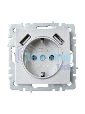 Розетка 1-местная IEK BRITE РЮш10-1-БрА (BR-R14-16-U21-D21-K47) с заземлением, с защитными шторками, 16А, с USB A+A 5В 2,1А, алюминий