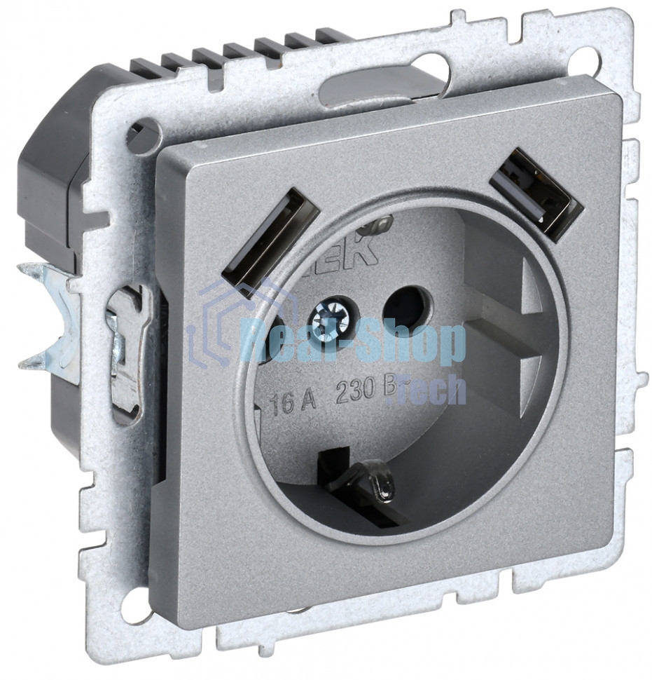 Розетка 1-местная IEK BRITE РЮш10-1-БрА (BR-R14-16-U21-D21-K47) с заземлением, с защитными шторками, 16А, с USB A+A 5В 2,1А, алюминий