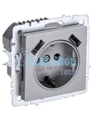 Розетка 1-местная IEK BRITE РЮш10-1-БрА (BR-R14-16-U21-D21-K47) с заземлением, с защитными шторками, 16А, с USB A+A 5В 2,1А, алюминий