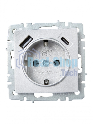 Розетка 1-местная IEK BRITE РЮш11-1-БрА (BR-R14-16-U22-018-K47) с заземлением, с защитными шторками, 16А, с USB A+C 18 Вт, алюминий