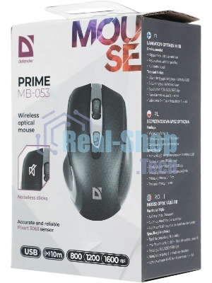 Мышь беспроводная Defender Prime MB-053 черный, 1600 dpi, радиоканал, USB, кнопки - 6