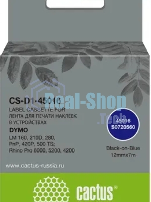 Картридж ленточный Cactus CS-D1-45016 2мм, черный шрифт, синий фон, 7м для DYMO LM 160, 210D, 280, PnP, 420P, 500 TS; Rhino Pro 6000, 5200, 4200