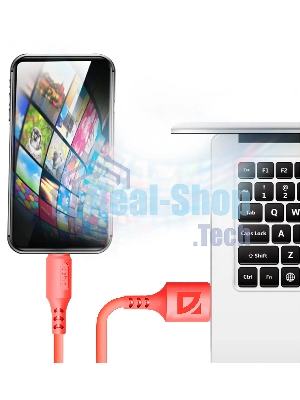 Кабель Defender F207, USB 2.0 (AM) - Apple Lightning (M), 1метр, 2.4А, силиконовая оплетка, красный.