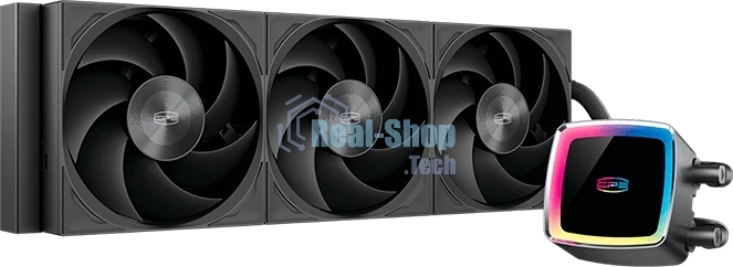 Система охлаждения Water Cooling System PCCooler DE360 MAX BK (300W, 360мм, Black, ARGB Pump, Fans: 3x120мм, 66CFM, 34.3dBA, 2200RPM/Pump height 54мм, 15dBA, 2600RPM, Rad thickness 27мм/S: 1851, 1700, 1200, 115X, AM5, AM4, AM3)