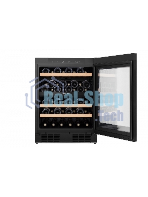 Встраиваемы е винный шкаф Gorenje WCU68F6BG4WF, объем 138 л, вместительность 46 бутылок, 4 полки, цифровой дисплей, Wi-Fi, LED освещение, защита от УФ-излучения, энергоэффективность А+, черный