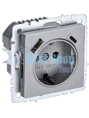 Розетка 1-местная IEK BRITE РЮш11-1-БрА (BR-R14-16-U22-018-K47) с заземлением, с защитными шторками, 16А, с USB A+C 18 Вт, алюминий