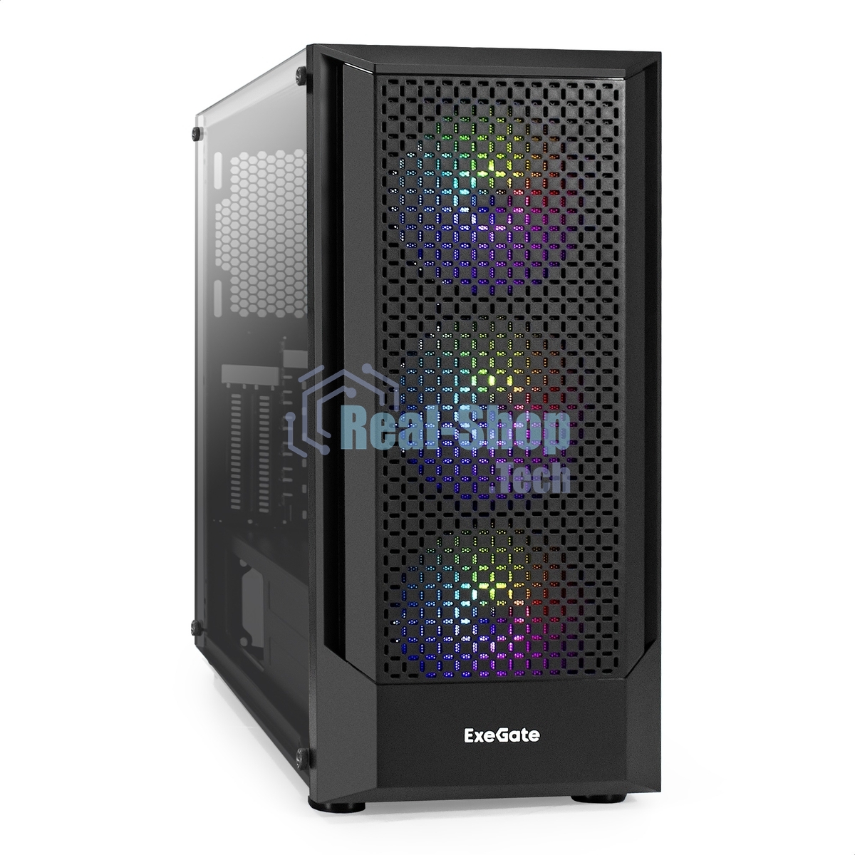 Компьютерный корпус Miditower ExeGate EVO-8227-EVO800 (ATX, БП EVO800RGb с вент. 12 см, 2*USB+1*USB 3.0+HD Audio, черный, 3 вент. RGb, закаленное стекло)