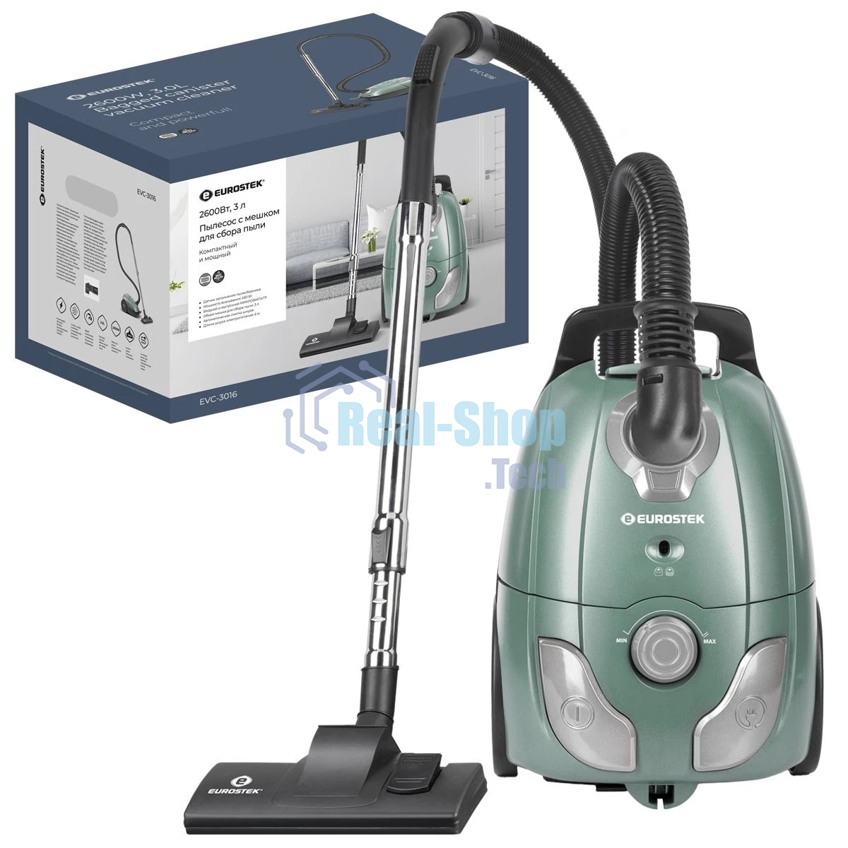 Пылесос Eurostek EVC-3016 мятный, 450/2600 Вт, уборка сухая, пылесборник мешок 3 л