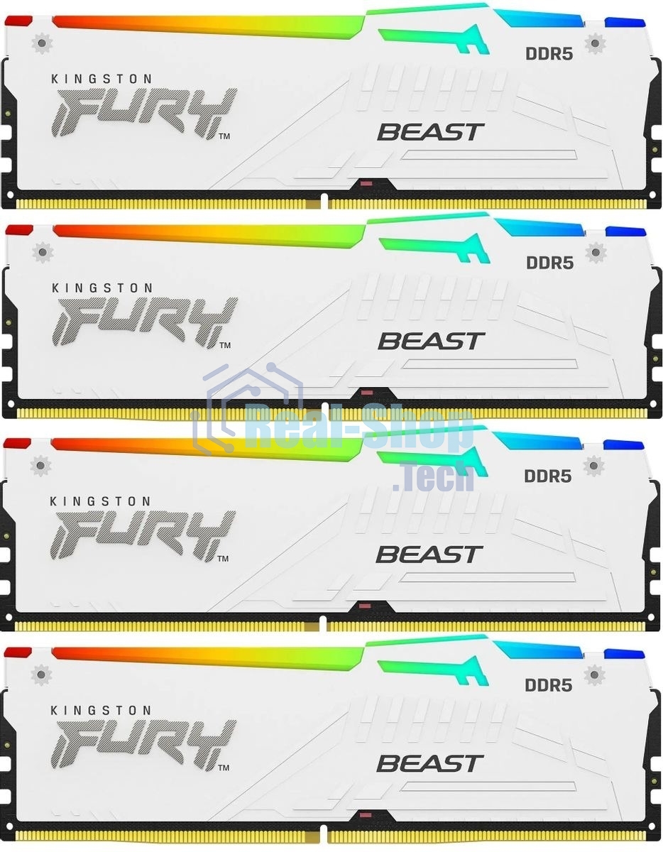 Оперативная память Kingston Fury Beast, DDR5, 128Gb (4x32 Gb), 5200 MHz, CL40, радиатор, RGb, белый