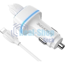 Автомобильное зарядное устройство Borofone Max BZ14, 2xUSB, 2.4А, 12 Вт, кабель Lightning 8-pin, белый (6931474735935)