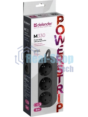 Удлинитель cетевой Defender M330 черный, 3 м, EURO, 3 розетки, 2200 Вт