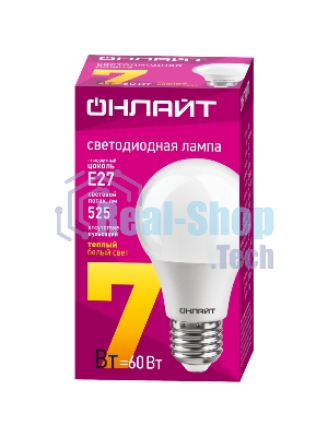 Лампа светодиодная ОНЛАЙТ 71647 OLL-A60-7-230-2.7K-E27 7Вт грушевидная 2700К тепл. белый E27 525лм 176-264В