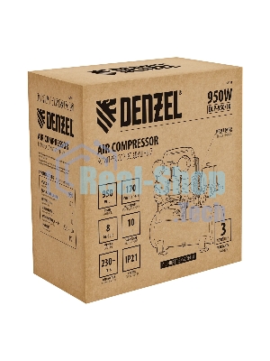 Компрессор безмасляный малошумный Denzel DLP-950/10, 950 Вт,10 л, 2850 об/мин, 170 л/мин