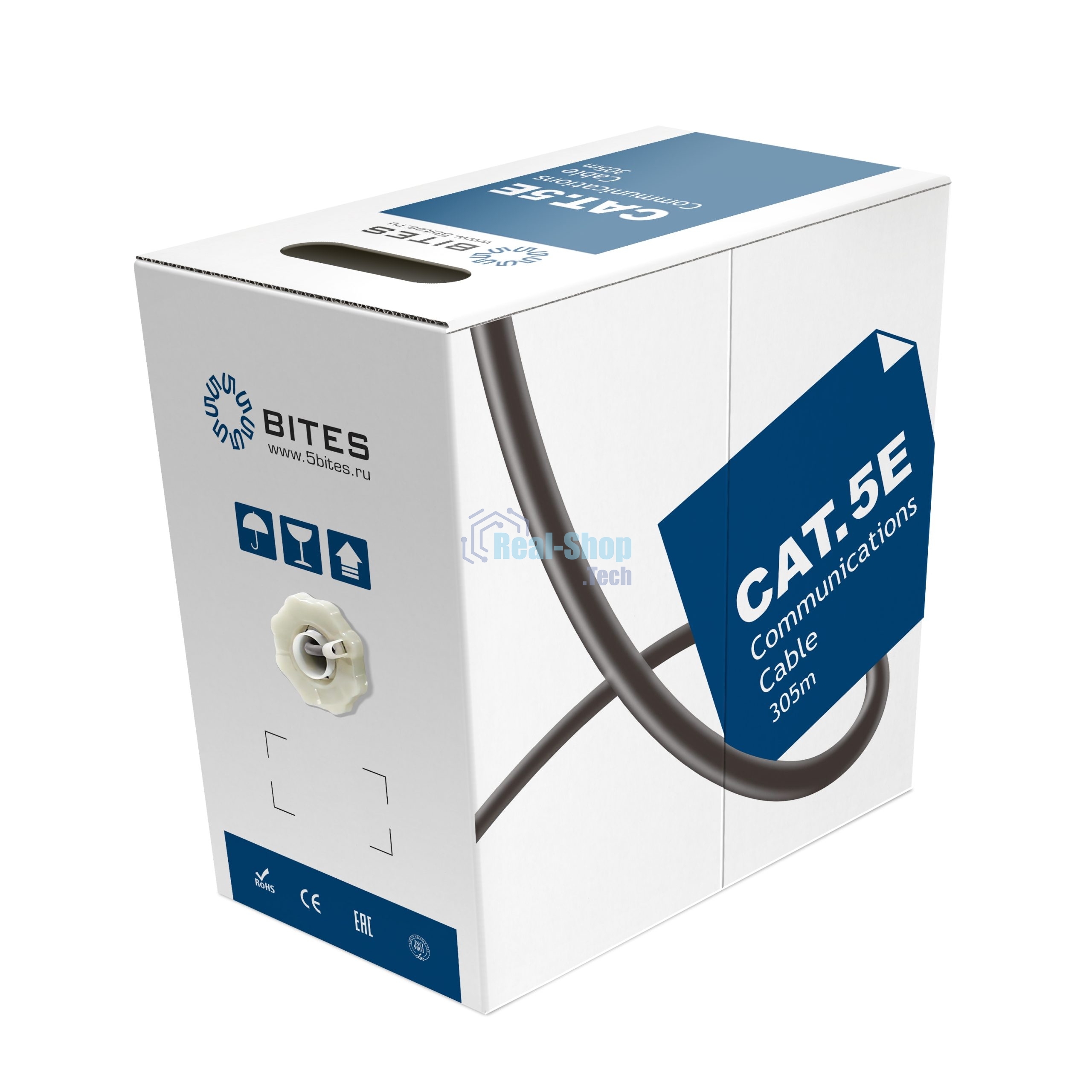 Кабель витая пара UTP 5bites US6575-305A, бухта 305м, Cat.6, 4 пары, одножильный, 23awg, 4X2X1/0.50, CCA/PVC/BLUE