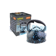 Чайник для плиты из нерж стали MALLONY LACRIMA, 2,5 л, со свистком, окрашенный (черный с синими каплями) (003979)