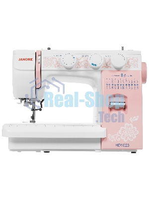 Швейная машина Janome HD1023 белый/розовый, электромеханическая, вертикальный качающийся, 25 операций, автоматическая петля