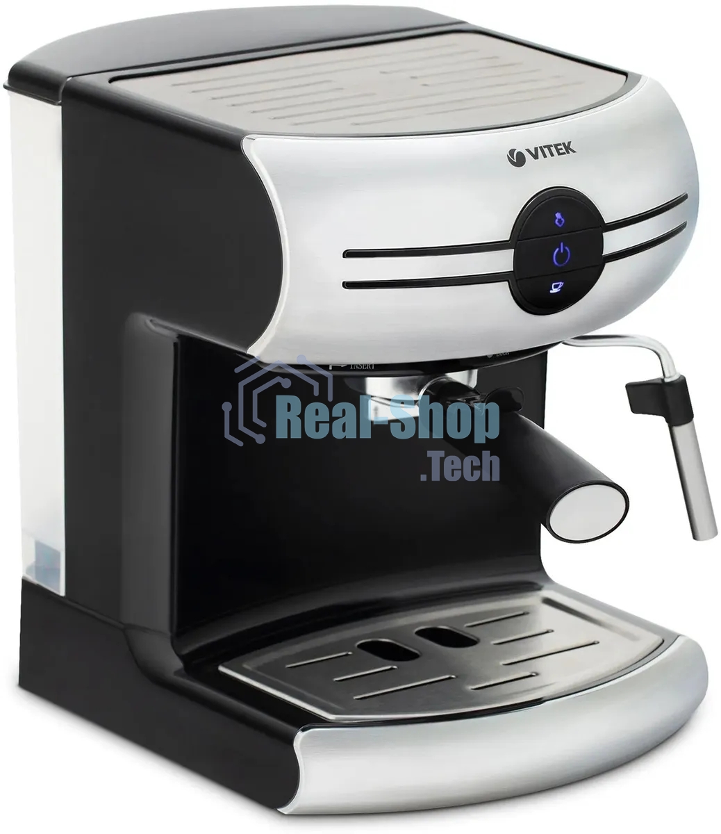 Кофеварка рожковая Vitek VT-1507 серебристый/черный, исп. кофе - молотый, 1.5 л, 1050 Вт, 15 Бар.